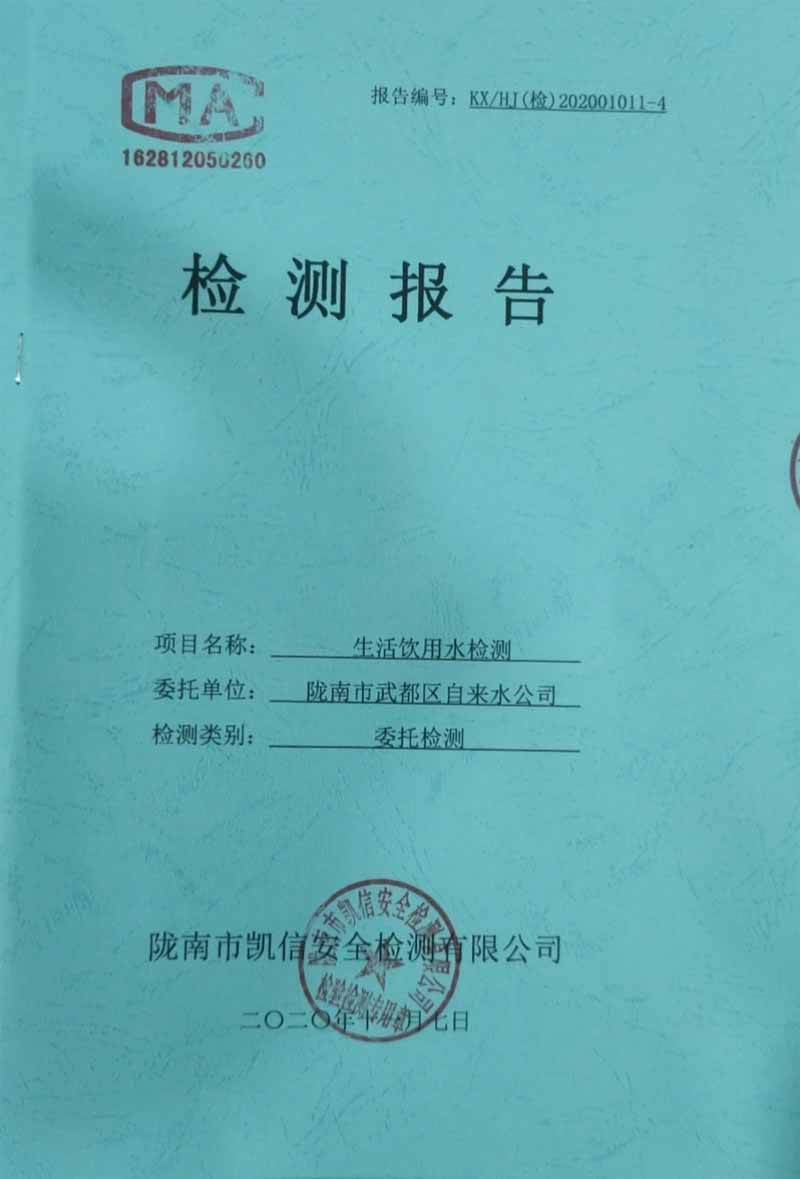 2020年11月7日武都城區(qū)飲用水檢測報告